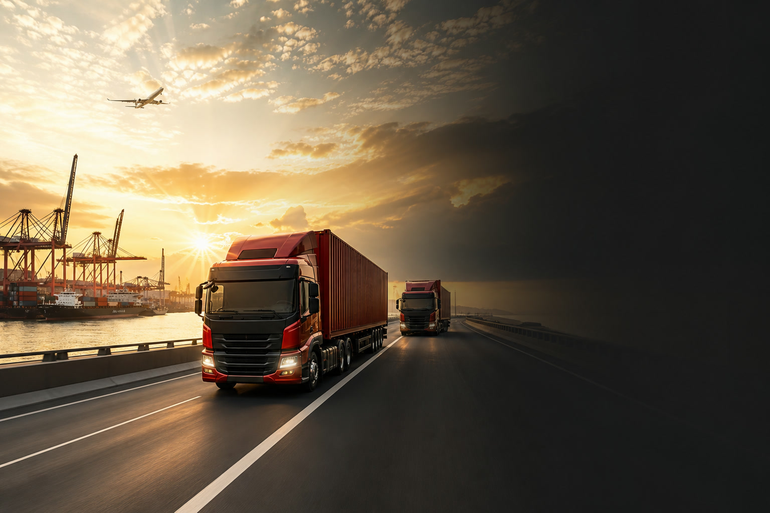 Area logistik dengan kapal, truk, pesawat, dan kereta
