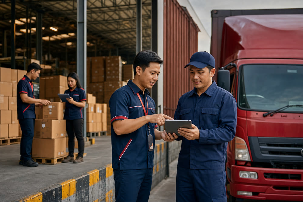 Koordinasi penjemputan barang di area gudang dan loading bay