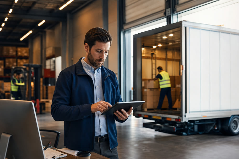 Koordinator logistik memantau rute distribusi melalui tablet
